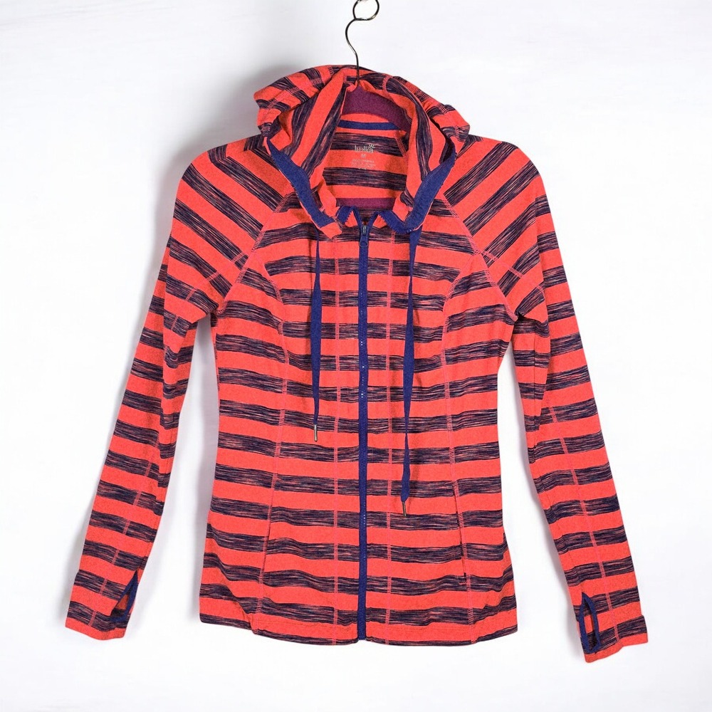 Lukka Athletic Jacket Women's Medium Striped Hoodie Full‎ Zip Coral Pink Navy